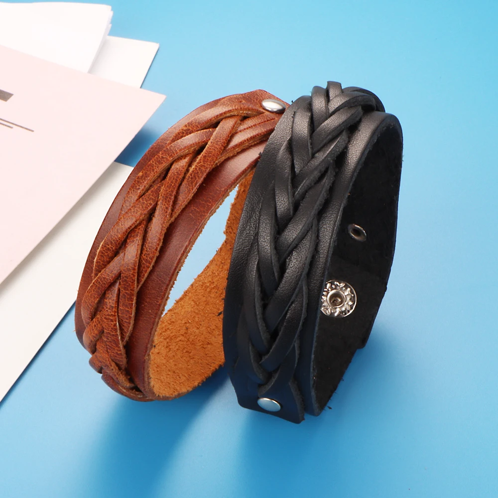 Black Brown Twisted Punk Weave 239 Real Genuine Leather Bangle Bracelet Charm Jewelry For Women Men Gift 23cm