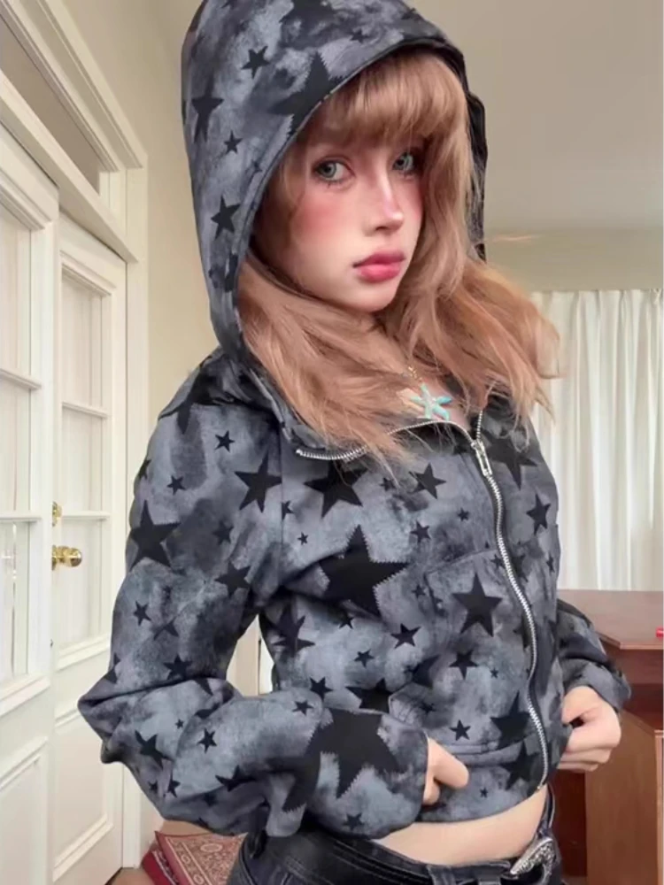 Frauen American Retro Star Print Jacke Süße Hot Girl Kurze Hoodie Herbst Winter Y2k Harajuku Street Fashion Mit Kapuze Sweatshirt