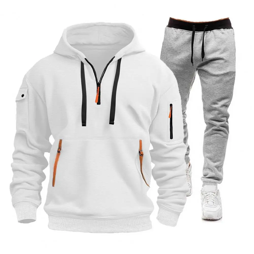 2Pcs/Set Men Sports Suit Hooded Drawstring Long Sleeve Pockets Sweatshirt Elastic Waist Trousers Set Fitness Tracksuit