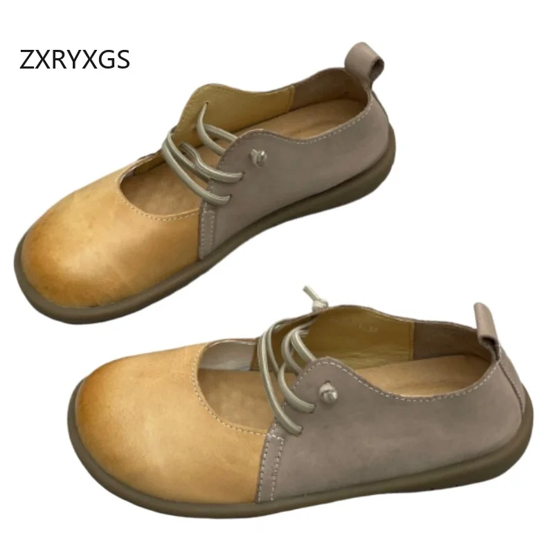 ZXRYXGS Top Cowhide Spell Colors Full Real Leather Shoes Women Flat Shoes 2026 Spring Temperament Trend Shoes Comfortable Flats