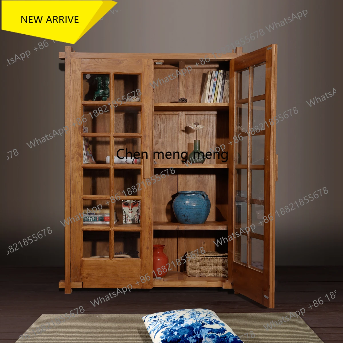 

M138 Ancient Elm Sentiment Old Elm Wood Glass Bookcase with Doors Simple Chinese Style Solid Wood Furniture Storage Rack Cabinet