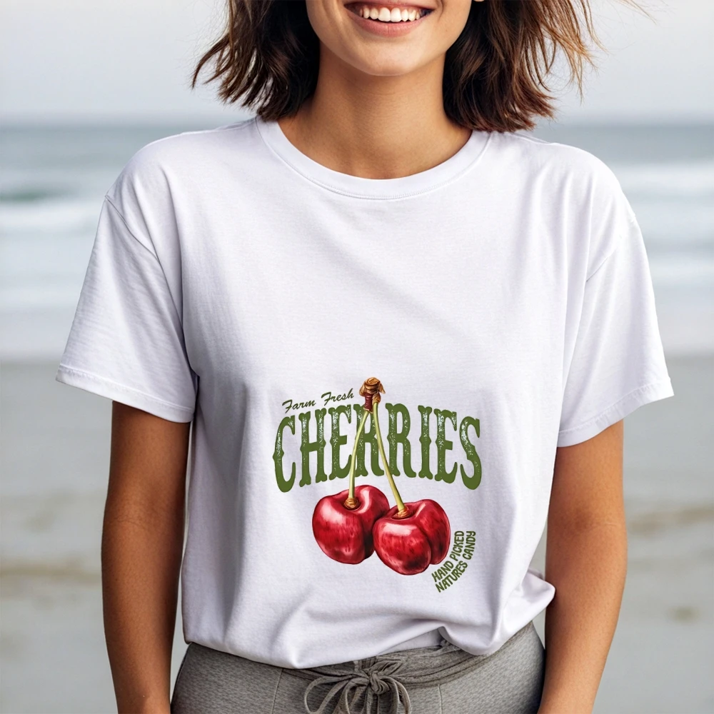 

Edgy Women's Graphic Tee Y2K Cherry Print Cutecore Fashion Wear Trendy White T - Shirt Fun Style Unique Woman Clothes