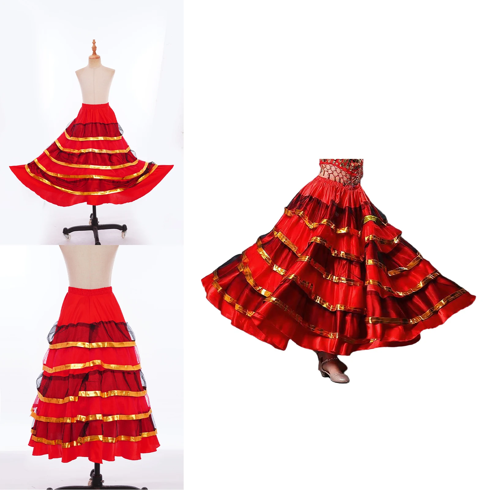 Kids Girls Spanish Flamenco Ballroom Dance Performance Costume Metallic Gold Trim Tiered Ruffles 180 Degrees Wide Hemline Skirt
