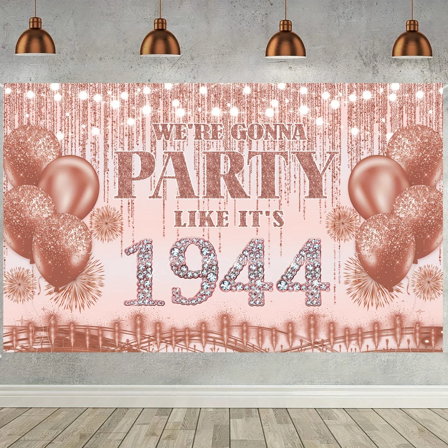 Pink flowers, sparkling 80th birthday celebration banner | vintage 1944 themed party decorations