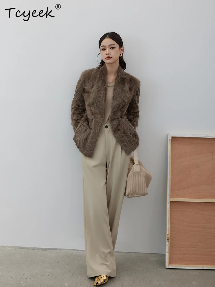 Tcyeek Genuine Wool Autumn Winter High End Trendy Wear V-neck Milk Coffee Tie on Both Sides Women's Wool Shearling Fur Coat