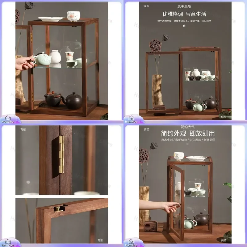 North American Black Walnut Glass Display Cabinet Double Layer Desktop Dust Proof Storage Box for Tea Set Jewelry Transparent