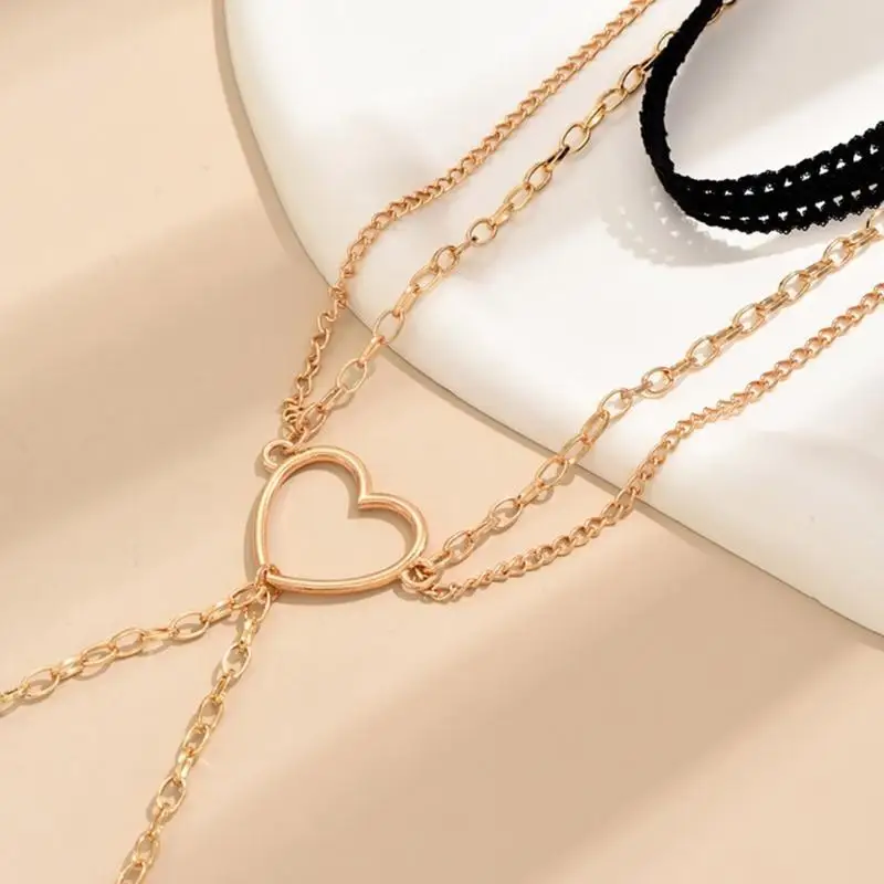 39BD Rock Leg Chain Garter Multi-layer Hollow Heart Thigh Chain Elastic Sexy Body Chain Jewelry Nightclub Party for Woman