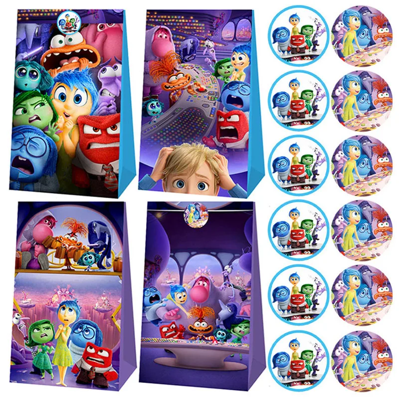 

12pcs Cartoon Inside Out 2 Package Disney Candy Bag with Sticker Birthday Party Gift Paper Bags Decoration Decal Supplies