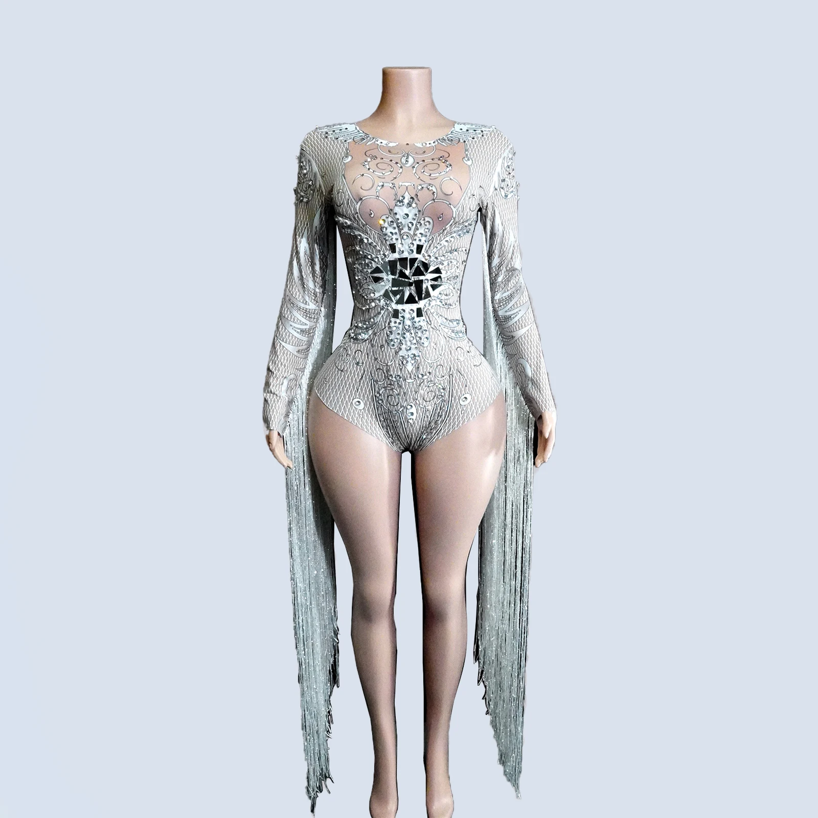 

Sexy Sparkl Mirror Rhinestone Fringes white Leotard Performance Stage Party drag queen Outfit Nightclub Rave Bodysuit Clothing
