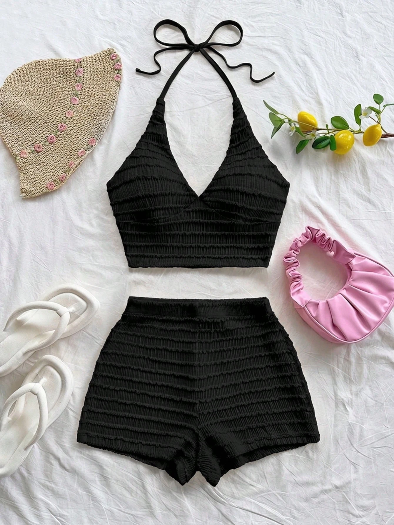 Solid Color Off-Shoulder Cami & Shorts Set, Casual Tie Strap Two-Piece Outfit for Beach Vacation Dating Travel Daily Wear