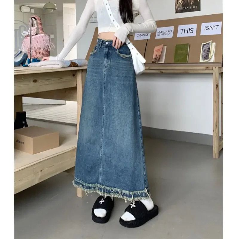 Deeptown rok Denim Vintage wanita elegan Fashion musim gugur rok jins panjang Retro pinggang tinggi Streetwear Slim Up A-line rok Midi