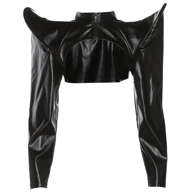 Black Standing Pointed Shoulder PU Leather Short Top For Women Hollow Out Zipper Tight Fitting Long Sleeved Leather Jacket