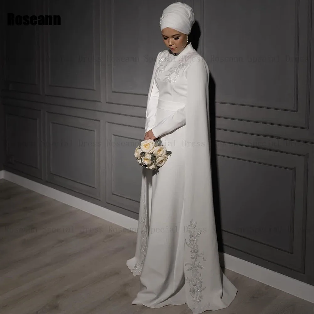 Customized Muslim 2025 New Ivory A-line Wedding Dresses High Collar Applique Lace Full Brush Train Bride Dress robe de mariée