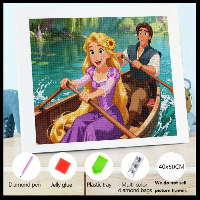 Kit de peinture diamant 5D à perceuse complète, bricolage, raiponce emmêlée Disney et cavalier Flynn, scène de bateau romantique, princesse Prince de dessin animé G, 1 pièce