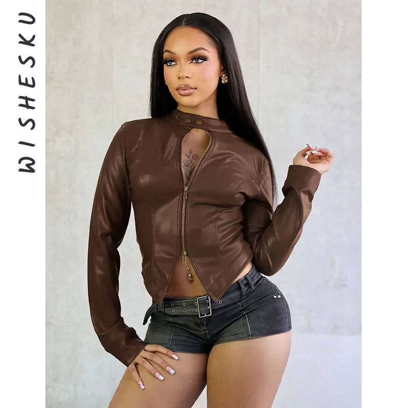 

Harajuku Streetwear Pu Leather Jacket Mall Gothic Cyber Punk Turtleneck Crop Coats Hipster Dark Brown Grunge Rave Outfit Femme