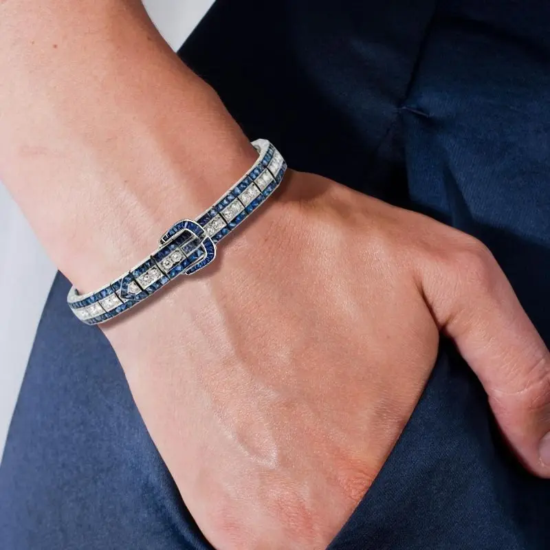 벨룩스 925 실버 골드 도금 합성 지르콘 팔찌 GRC 실험실 재배 스피넬 블루 아트 데코 서양 빈티지 팔찌