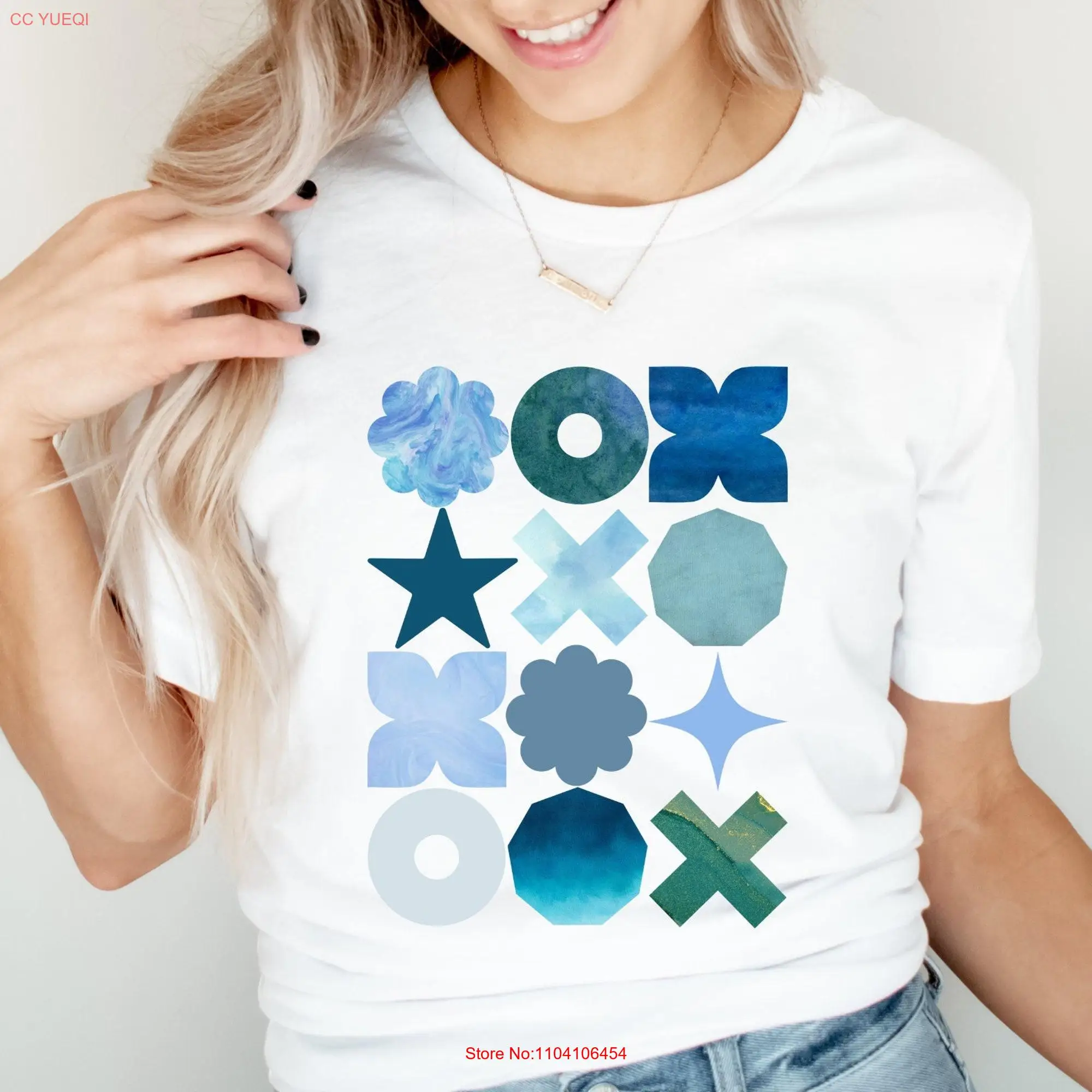 Abstract Shapes T Shirt Boho Funky Minimalist Blue Design XOXO Wacky for Her long or short sleeves