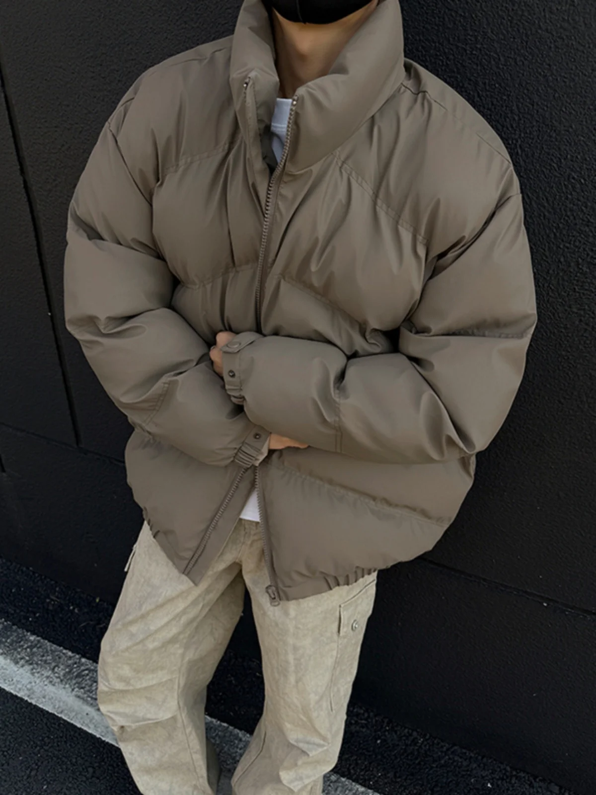 

Теплая утепленная куртка из искусственной кожи и хлопка для мужчин, зимняя, свободного кроя, с воротником-стойкой, повседневная, модная, из полиэфирного волокна