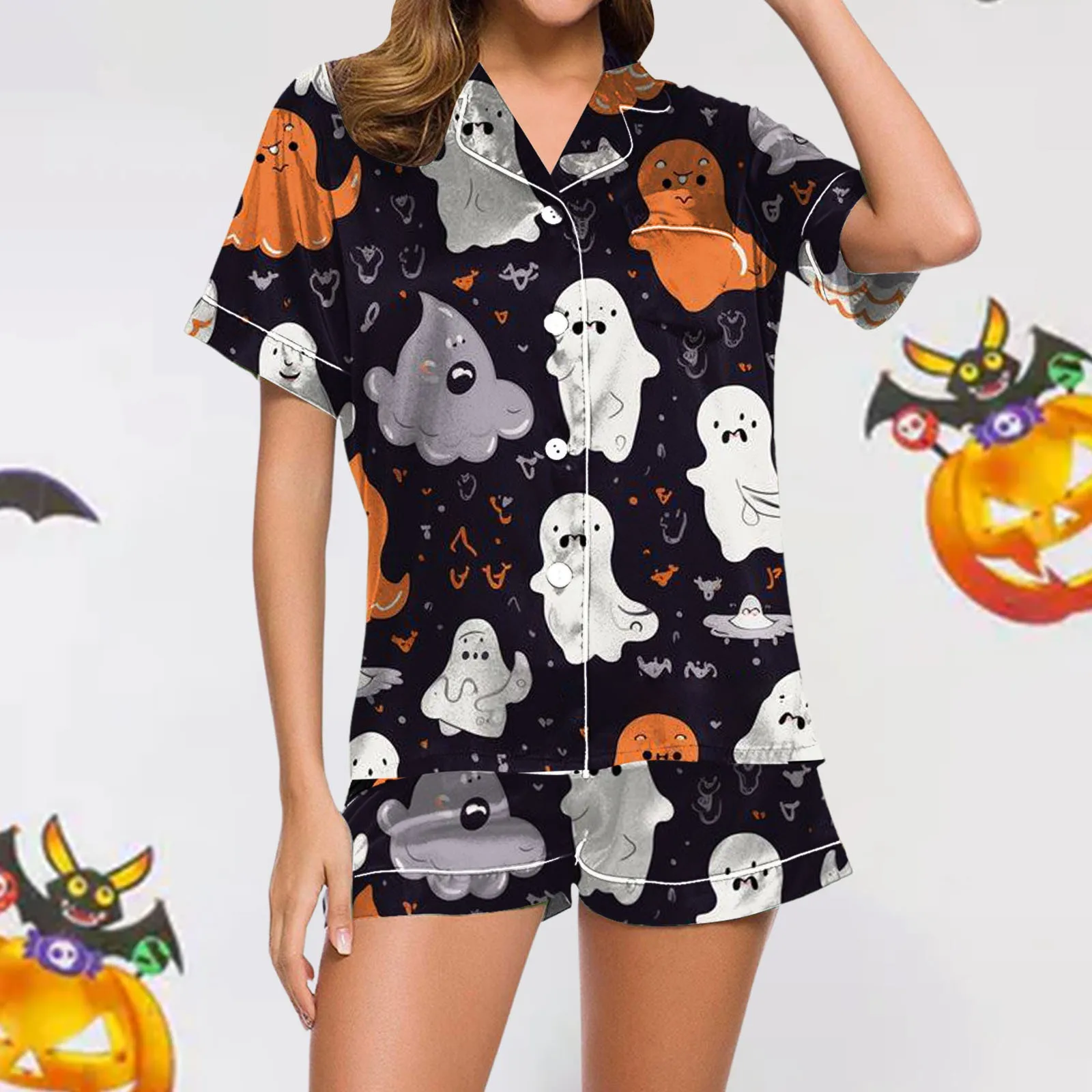 Ladies Casual Halloween Printed Pajamas And Shorts Set Womens Pajama Set Shorts пижама женская Pumpkin Ghost Printed