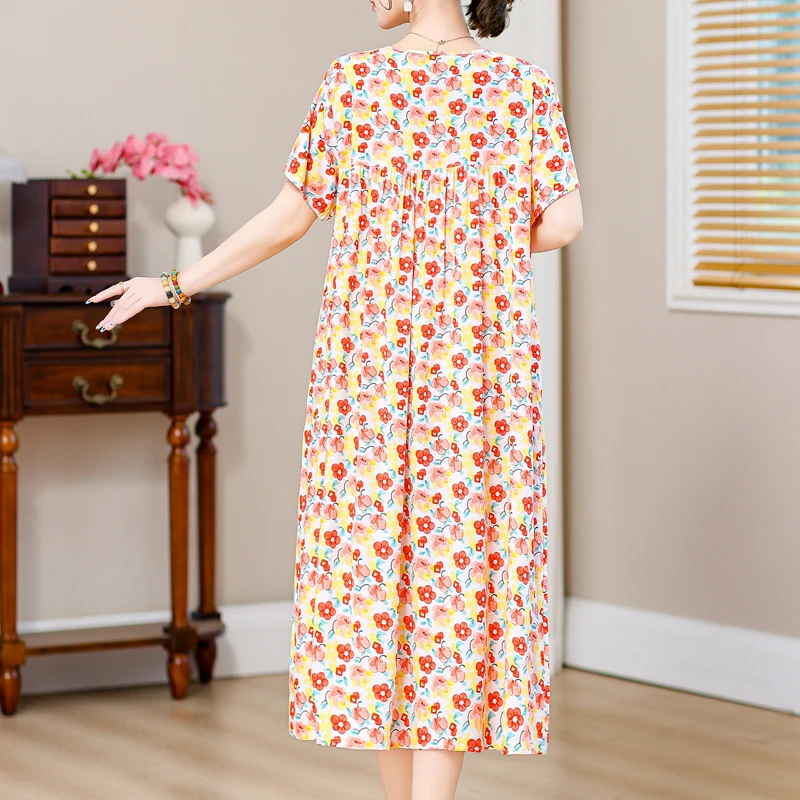 Robe longue imprimée vintage surdimensionnée à manches courtes pour femmes, robes élégantes, vêtements décontractés pour femmes d'âge moyen, 2024