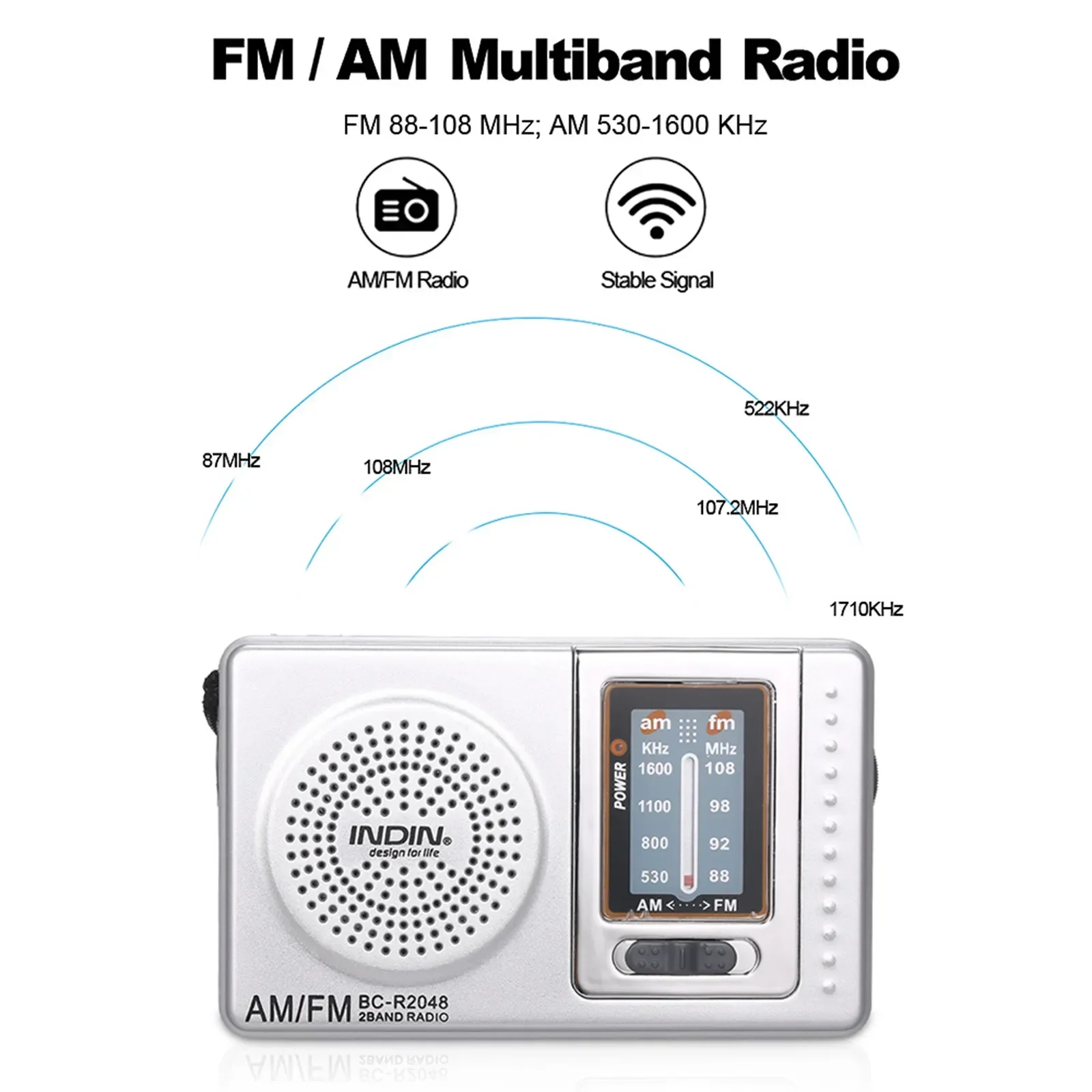 BC-R2048 Mini AM FM Radio 2 Band Radio Receiver Portable Pocket Radio Built-in Speaker w/ Headphone Jack Telescopic Antenna