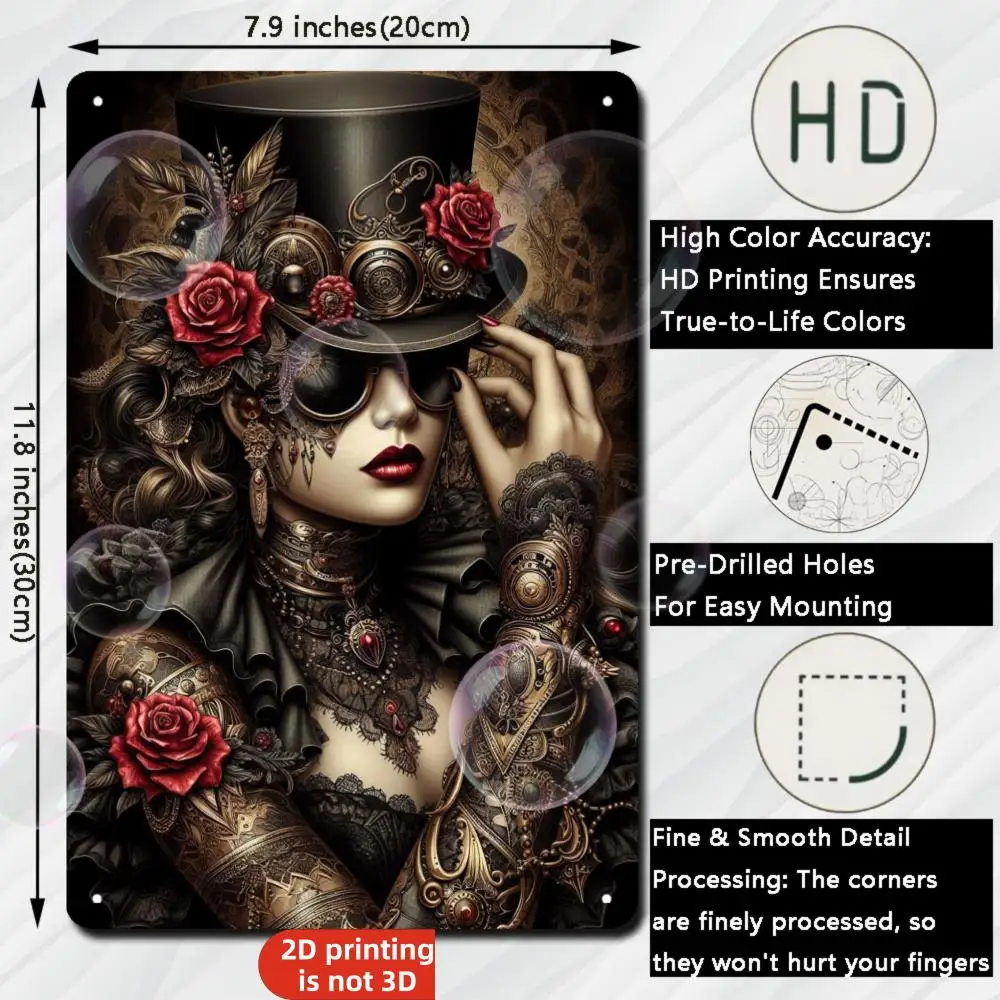 CIFBUY Retro Vintage Steampunk Woman Top Hat Rose Tin Metal Sign Plaque Aluminum Wall Art Waterproof Durable Decor For Home Gara