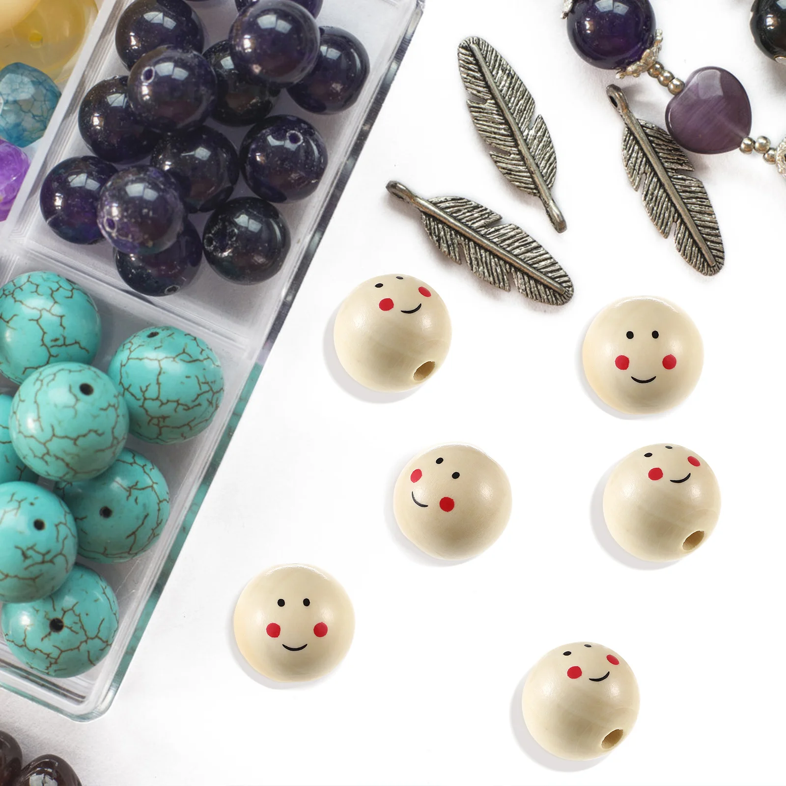 

20Pcs Smile Face Loose Beads High Quality Wood Material for DIY Crafts Jewelry Making Keyrings Wind Chimes Pendants