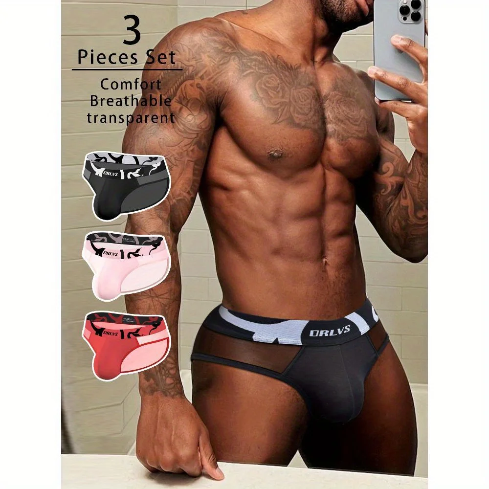 

3-Pack Ice Silky Fiber Men's Briefs - Transparent Stitching, Low-Rise Convex Design with Large U-Pouch, Gym Sleek Underwear
