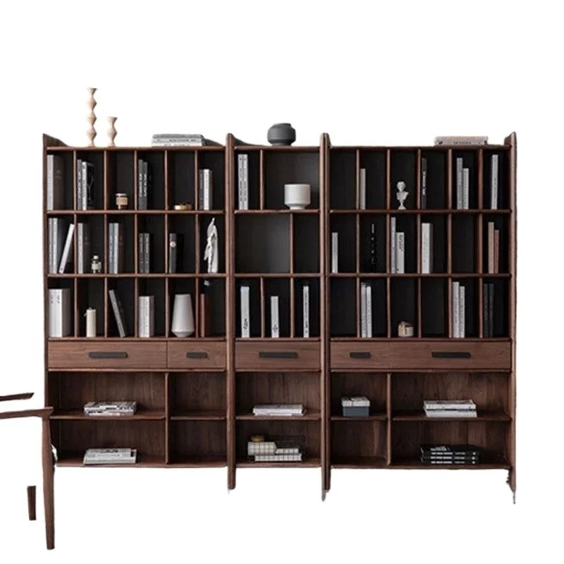

Black walnut full wall bookcase full solid wood shelf floor to ceiling living room simple modern full solid wood storage boo