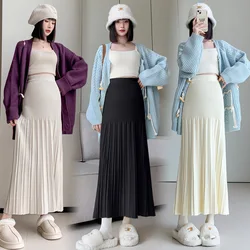 2024 Autumn Winter Fashion Pleated A Line Maternity Long Skirts Warm Loose Belly Clothes for Pregnant Women Casual Pregnancy