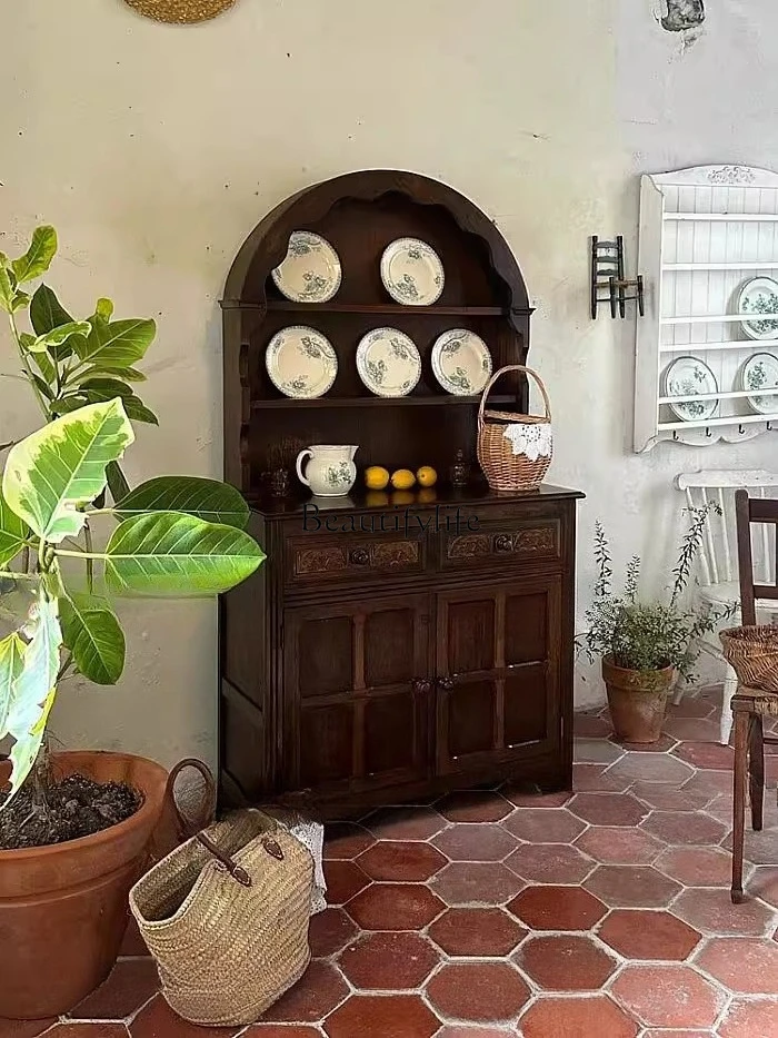 

ld14 Antique Solid Wood Sideboard Arch-Shaped Vintage Display Storage Photography Homestay Organizer Dish Cabinet