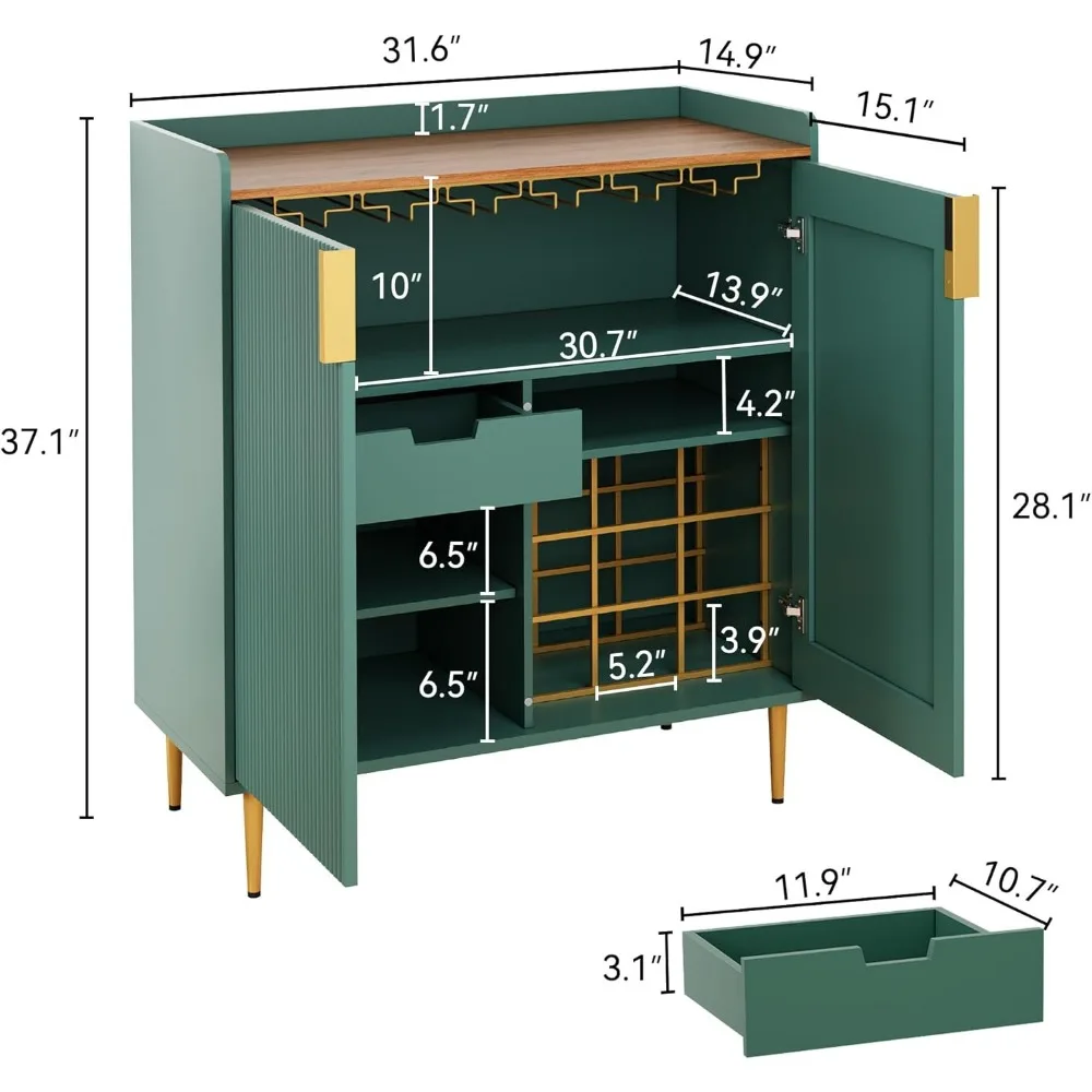 Coffee Bar Cabinet with Wine Racks, Green Liquor Cabinet with Fluted Texture