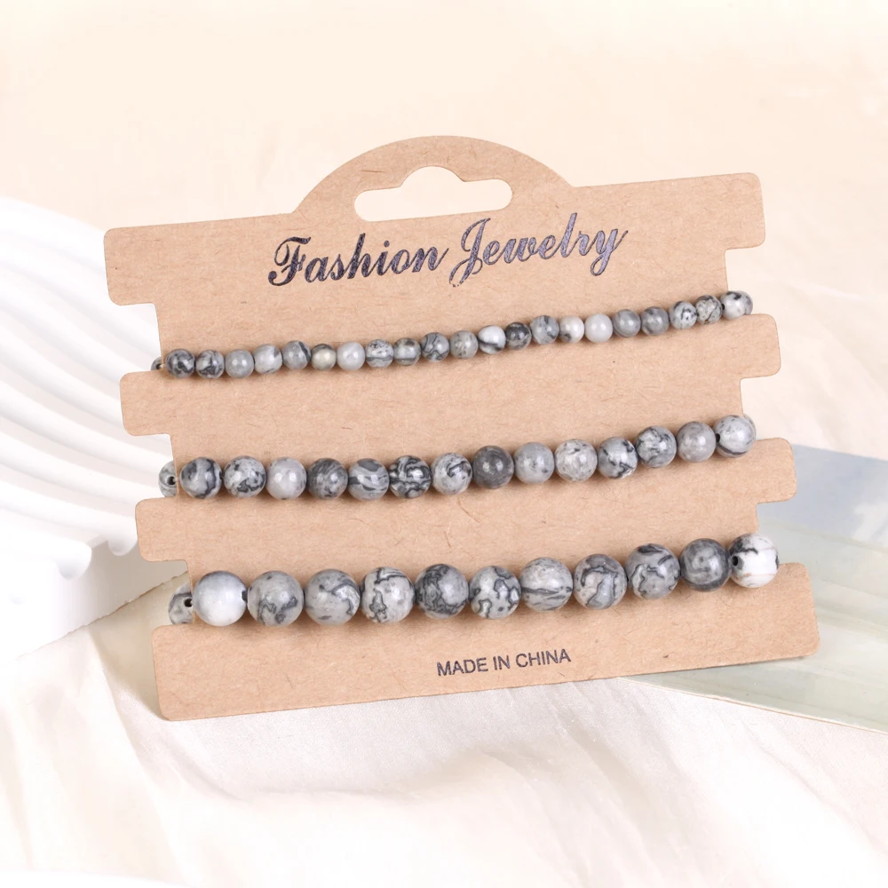 3Piece TeoWaki Map Jasper Elastic Bracelet Natural Stone Symbol of Wisdom, improve study & work efficiency for Women Men 19cm