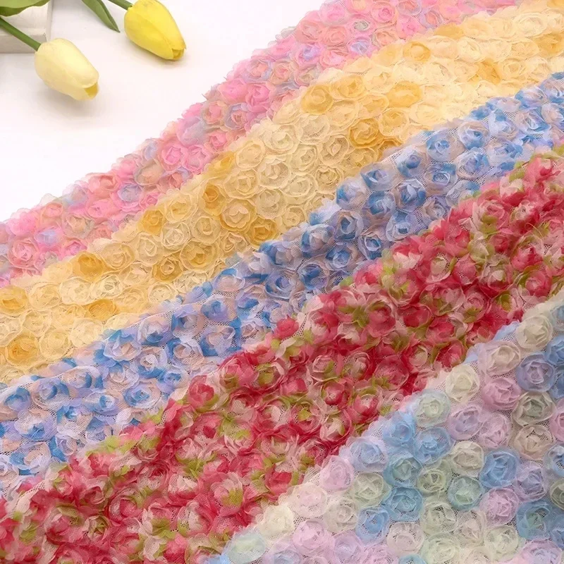 

3D Rose Flowers Tulle Fabric Colorful Mesh Exquisite Stretch Three-Dimensional Roses Embroidery DIY Wedding Party Dress Fabric