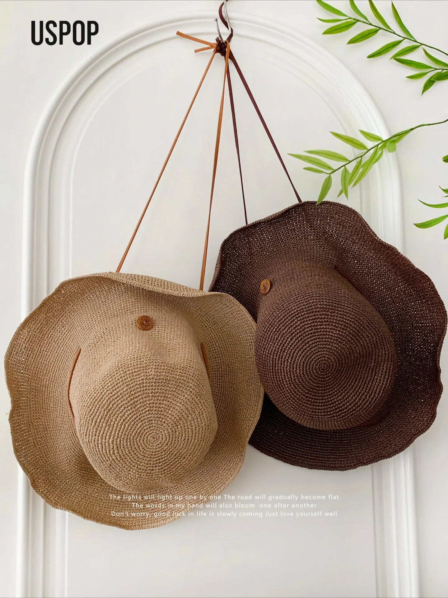 USPOP Women's Foldable Paper Straw Sun Hat Wide Brim Memory Wire Beach Hat with Button Design UV Protection