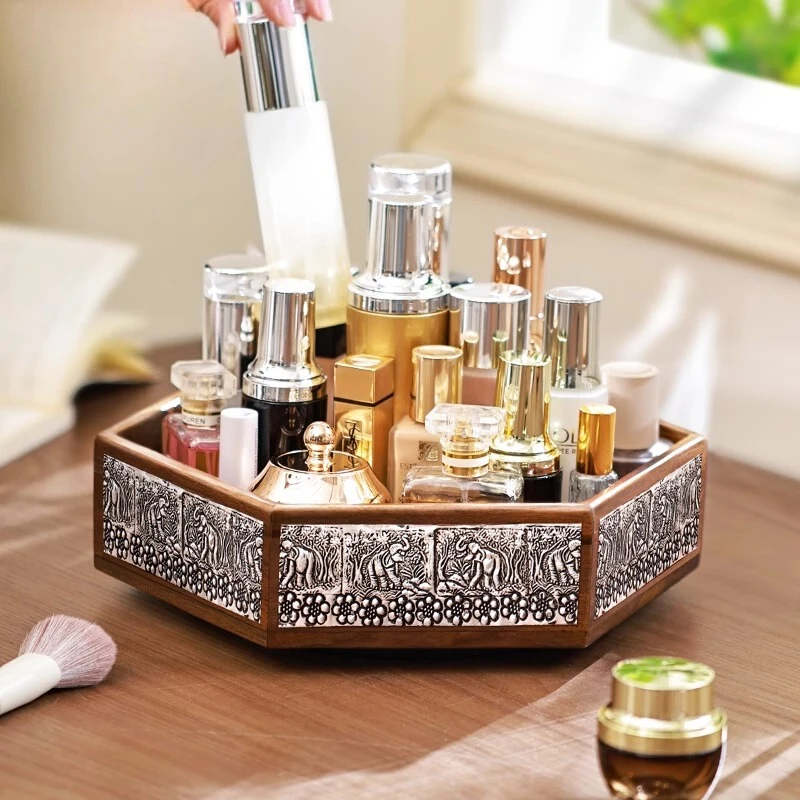 

Rotating solid wood retro cosmetics storage box desktop