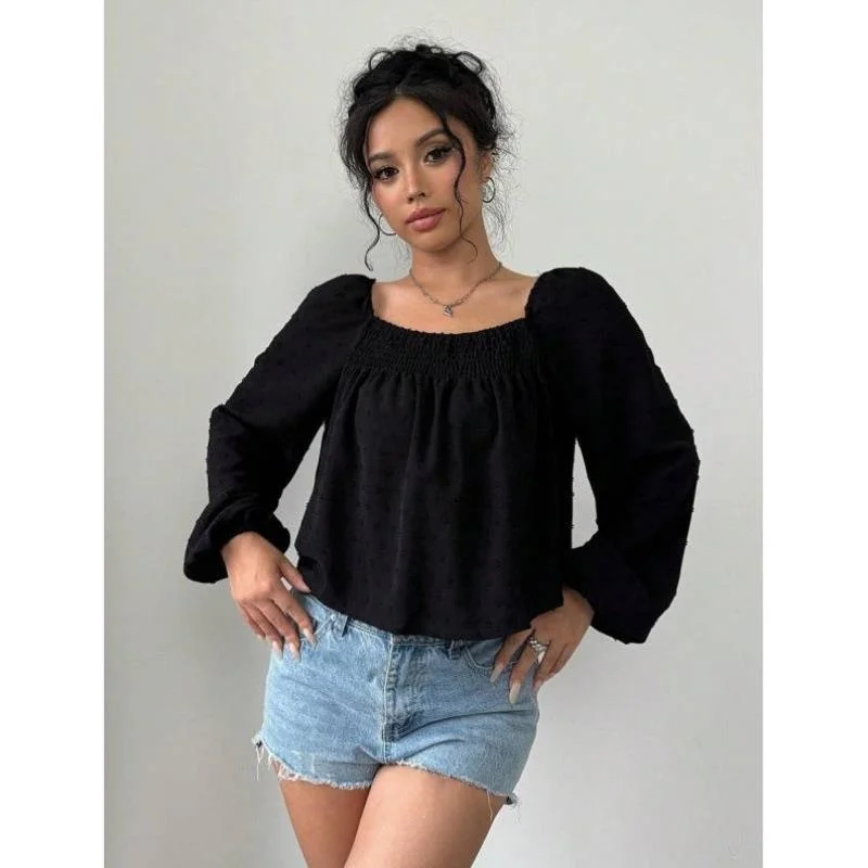 Pure Color Square Collar Long Sve irt L 2789 Cross-Border Sle Casual Women's irt Poly Fabric Fce Lined