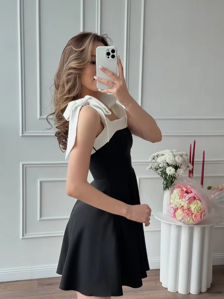 女性コントラストボウスリングミニドレスエレガントなノースリーブオフショルダーハイウエストAラインショートドレスレディースデイリー通勤ドレス