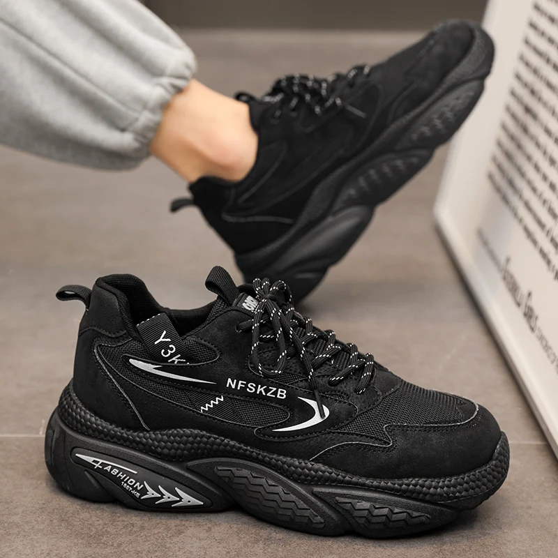 Black Men Casual Sneakers Fashion Breathable Mesh Thick Bottom Low-Top Male Jogging Platform Walking for Men Chaussure Homme