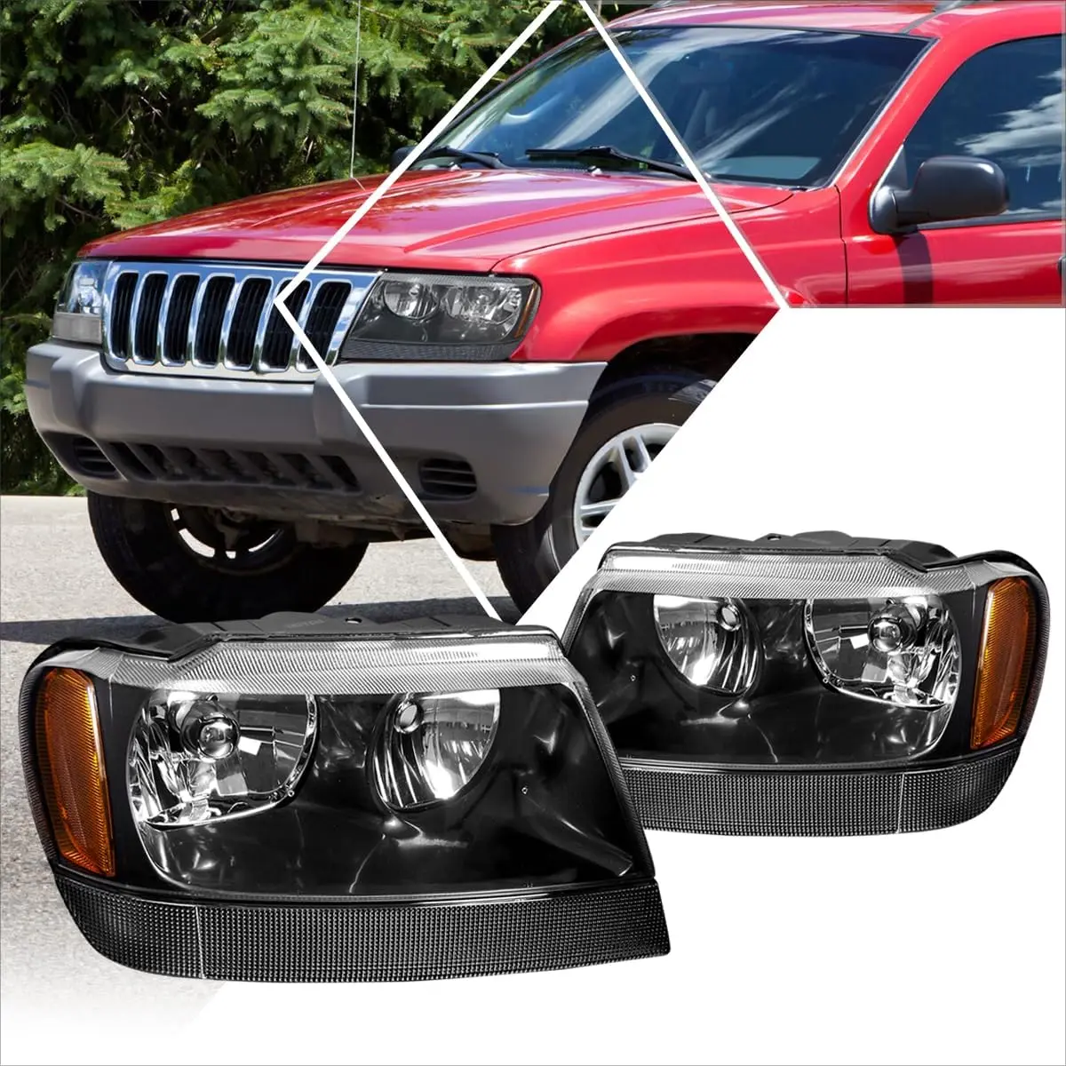 

Pair of Headlights Assembly Set Compatible with 99-04 Jeep Grand Cherokee WJ,Black Housing/Amber Corner