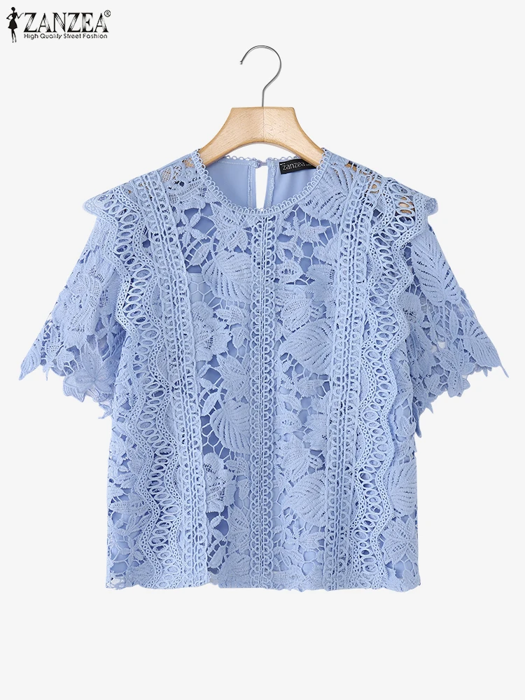 

ZANZEA, женская кружевная блузка, туника с короткими рукавами, элегантные топы, лето 2021, модные повседневные лоскутные однотонные офисные женские корейские рубашки