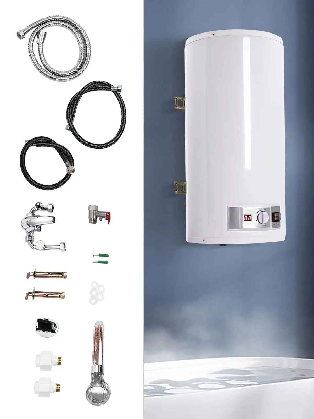 50L Elektrische boiler, wandmodel, verwarming, geëmailleerde stalen tank met LED-digitaal display voor - afbeelding 2