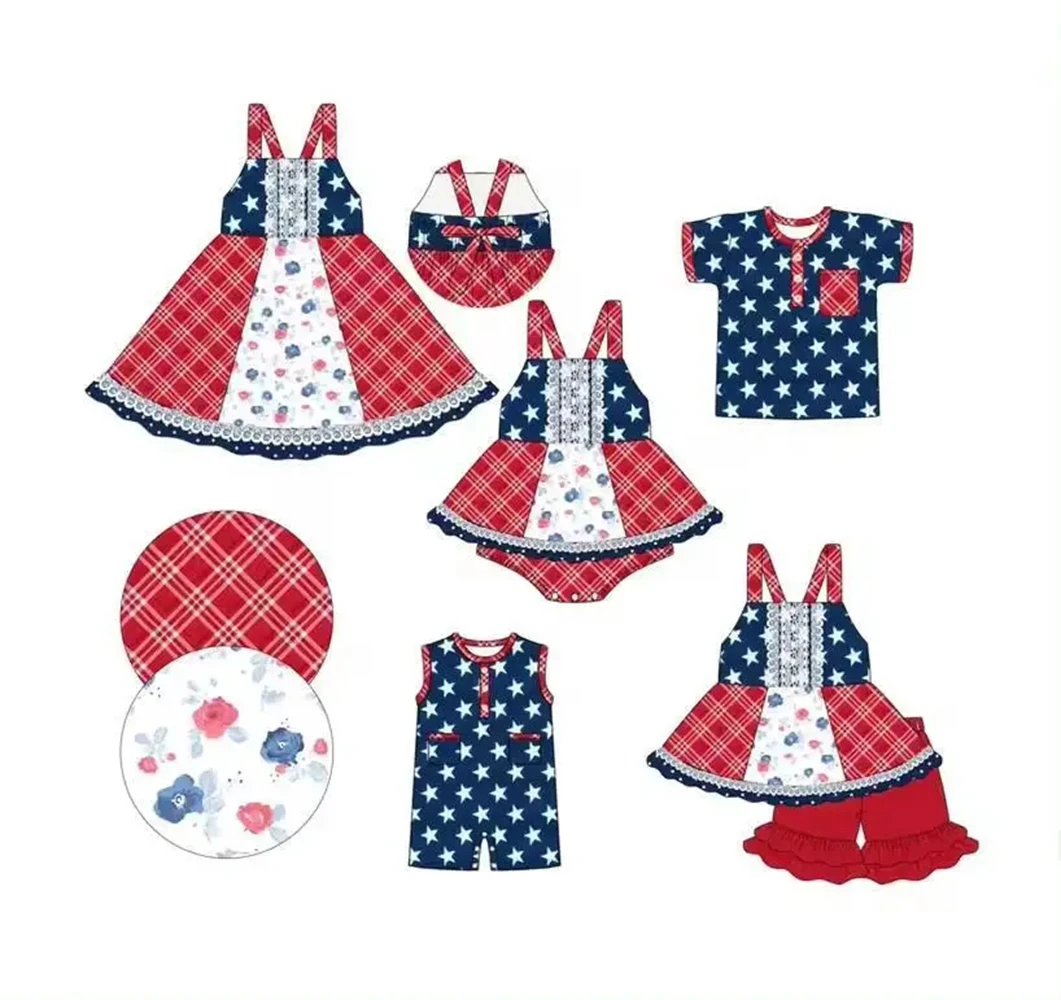 7.4 Children's matching set baby girl big hem dress five-pointed star print Boys sleeveless Romper Wholesale milk silk clothes