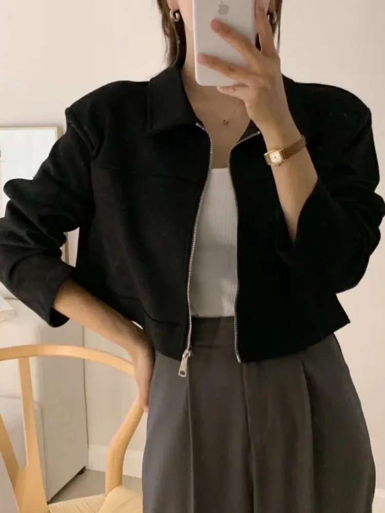 Jaqueta Fena Estilo Coreano Curta com Gola, Design Slimming Preto, Estilo Vintage de Hong Kong, Cardigan Aberto