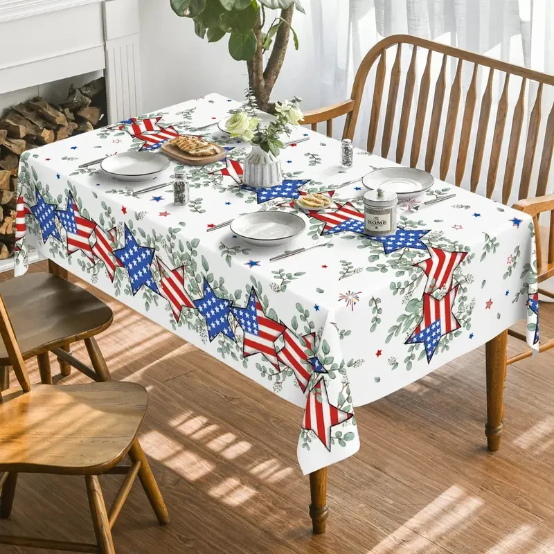VIKAMA 4th of July Tablecloth American Flag Star Eucalyptus Leaf Print Waterproof Stain Resistant Rectangular Dining Table Cover