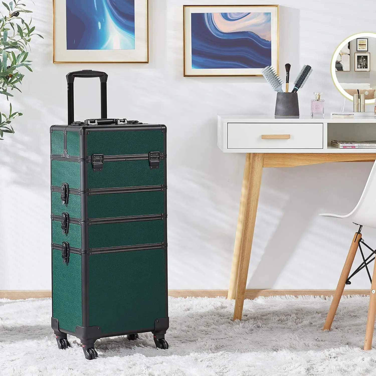 4 In 1 Rolling Makeup Train Case, Lockable Green Cosmetology Cart Aluminum Framed Cosmetic Trolley On Swivel Wheels With Stackable Accordion Trays For Nail Makeup Supplies Storage, Green view 2