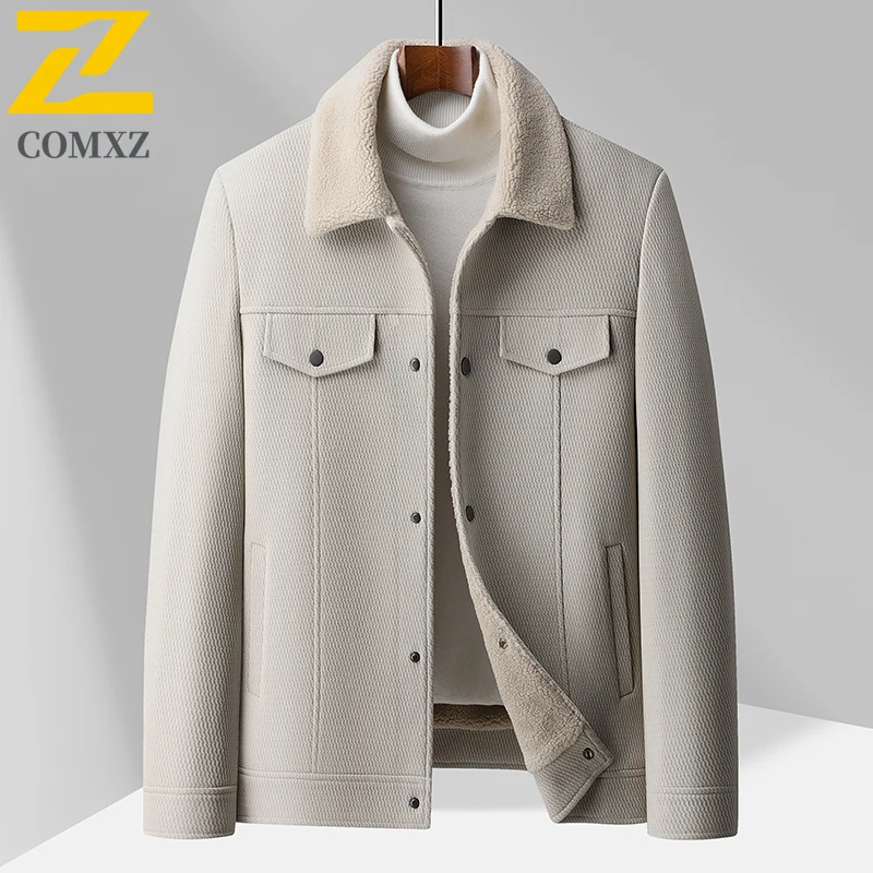 COMXZ ฤดูหนาวผ้าขนสัตว์ผสมเสื้อใหม่ชายบุเสื้อทำงานเสื้อแจ็คเก็ตบุรุษแฟชั่นคอปกอบอุ่นเสื้อแจ๊กเก็ตกันลม
