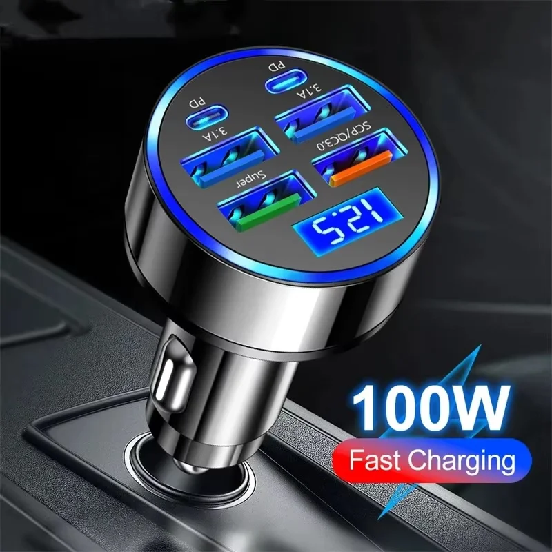 2026  6-in-1 Fast Charging Car Adapter 3.1A Dual Type-C Digital Display Smartphones Tablets Power Banks Black Portable Charger