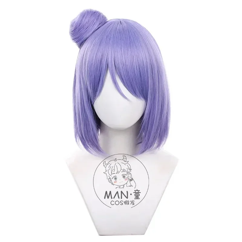 Peluca de Cosplay de Anime Konan, pelo corto morado para mujer con moño, pelucas sintéticas resistentes al calor + gorro gratis