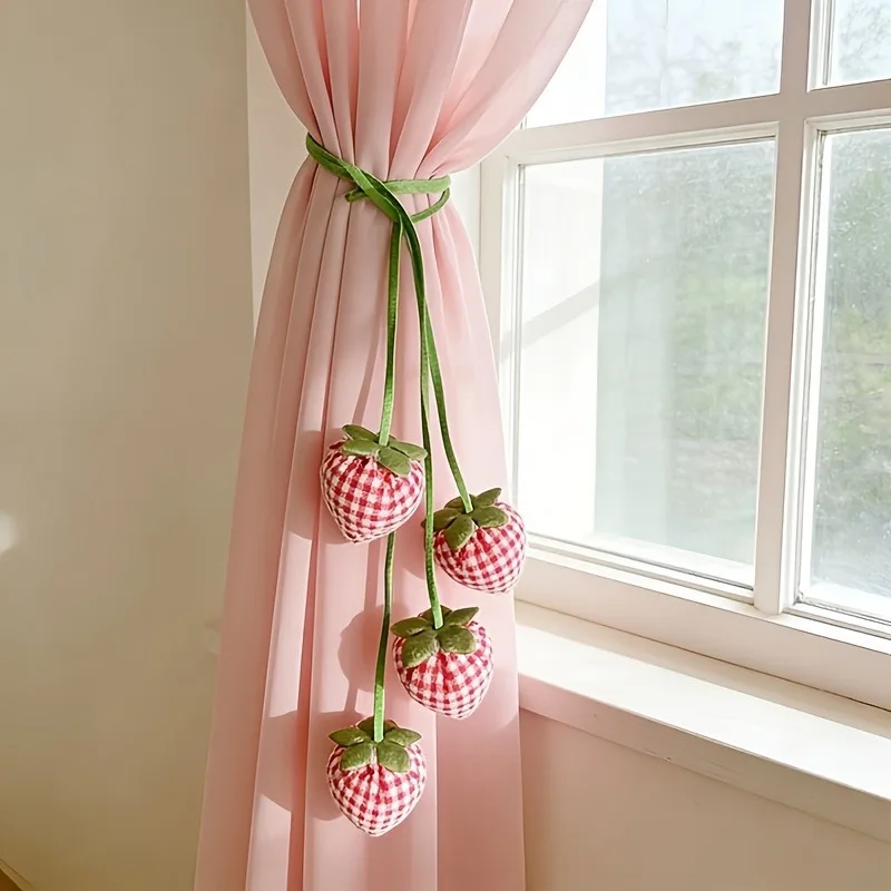 1/2pcs Cute Strawberry Curtain Tieback Plaid Fabric Curtain Holder Window Curtain Buckle Strap Home Decorative Curtain Tie Gift